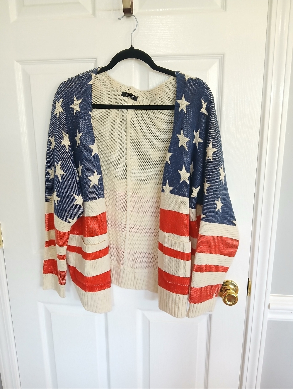 ODDY Stars & Stripes Open-Front Cardigan in Navy, Red, Cream Patriotic Memorial